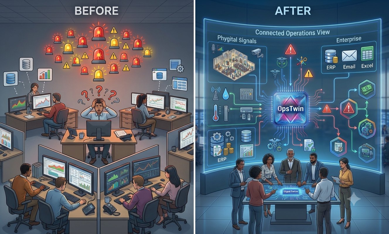 Before: operators surrounded by alarms, each watching separate apps. After: one connected operations view where OpsTwin brings phygital signals and enterprise data from ERP, email and Excel together, and the team acts on the incidents it raises.
